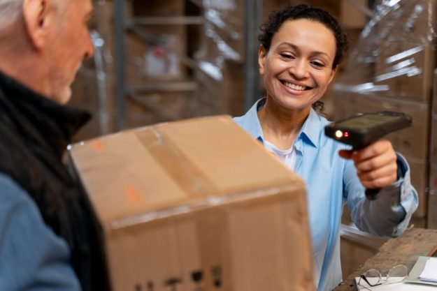 Warehouse worker smiles while scanning a cardboard box with a handheld barcode scanner on a warehouse table