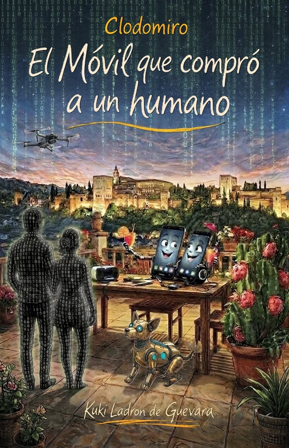 Book cover for 'El Móvil que compró a un humano' by Clodomiro, showing two shadowy figures, a drone, two smiling smartphones, a robotic dog, and a cityscape with plants.