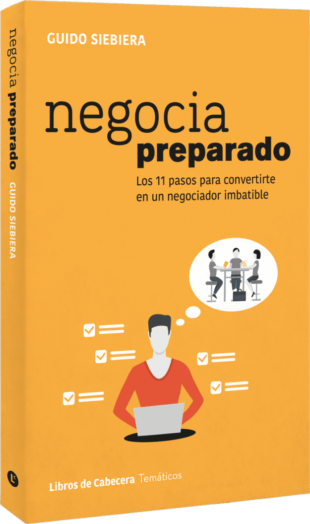 Book cover for 'negocia preparado' by Guido Siebiera on an orange background; shows a person at a laptop with checklist icons and a thought bubble of a group meeting.