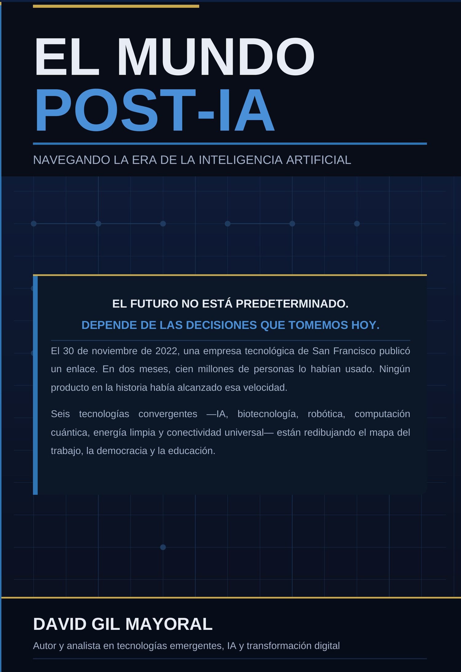 Infografía/poster titular: 'El mundo post-IA' con subtítulo 'Navegando la era de la inteligencia artificial' sobre fondo azul oscuro.
