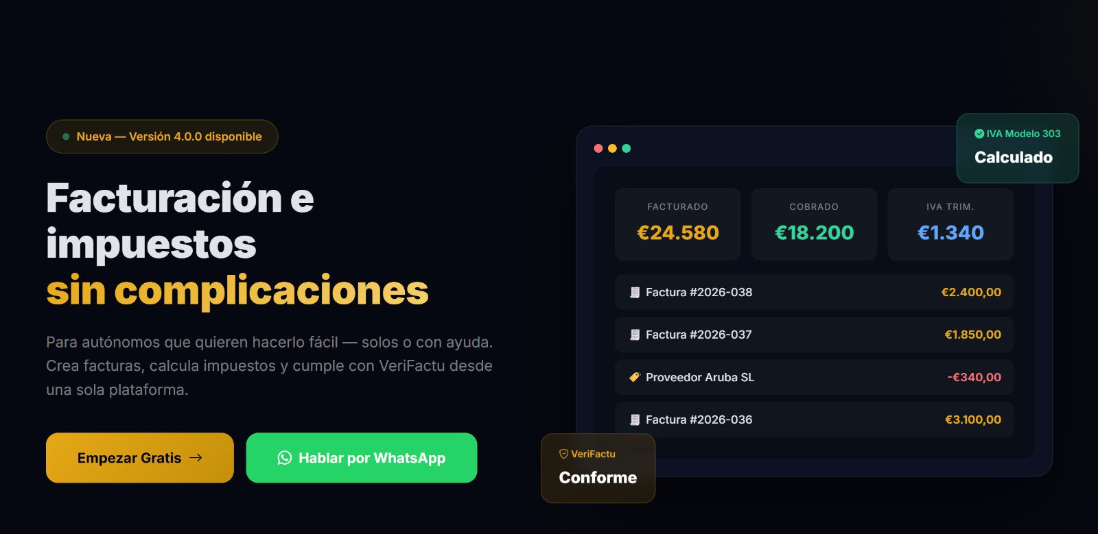 Hero section promoting Easy invoicing and taxes in Spanish: dark layout with bold white text and a yellow-highlighted subtitle, plus two call-to-action buttons (Start Free, Talk on WhatsApp).