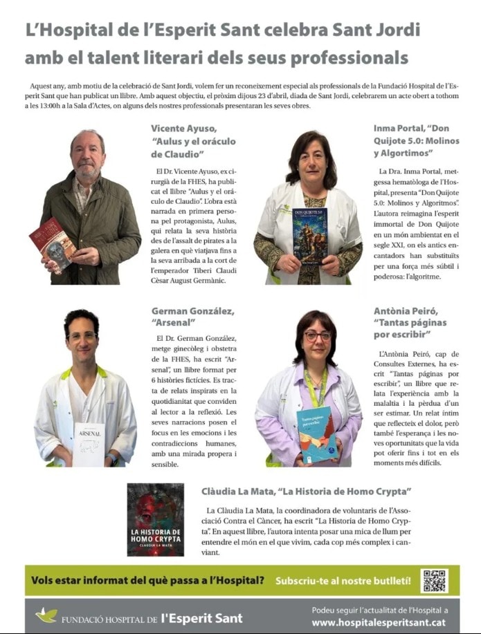 Poster announcing L'Hospital de l'Esperit Sant's Sant Jordi celebration with staff presenting their books and literary works for the event in Catalan/Spanish.