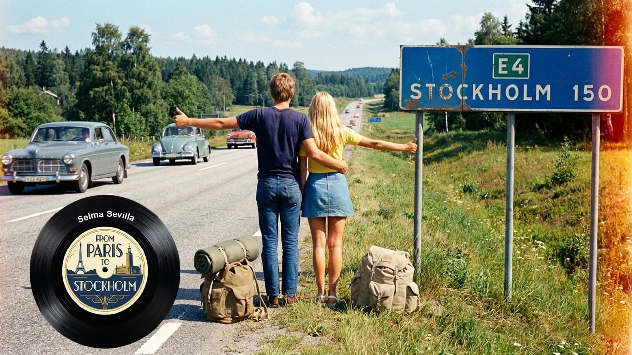 Couple hitchhiking on a rural highway toward Stockholm, with vintage cars passing and a large vinyl record graphic in the foreground.