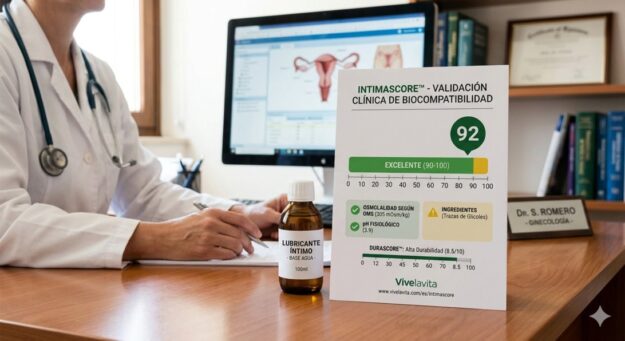 Doctor writes at a desk with a medical info card about Intimascore biocompatibility and a lubricant bottle nearby.