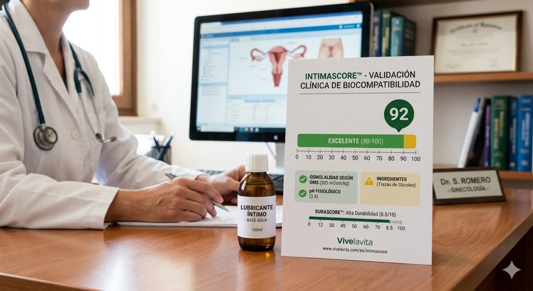 Doctor writes at a desk with a medical info card about Intimascore biocompatibility and a lubricant bottle nearby.