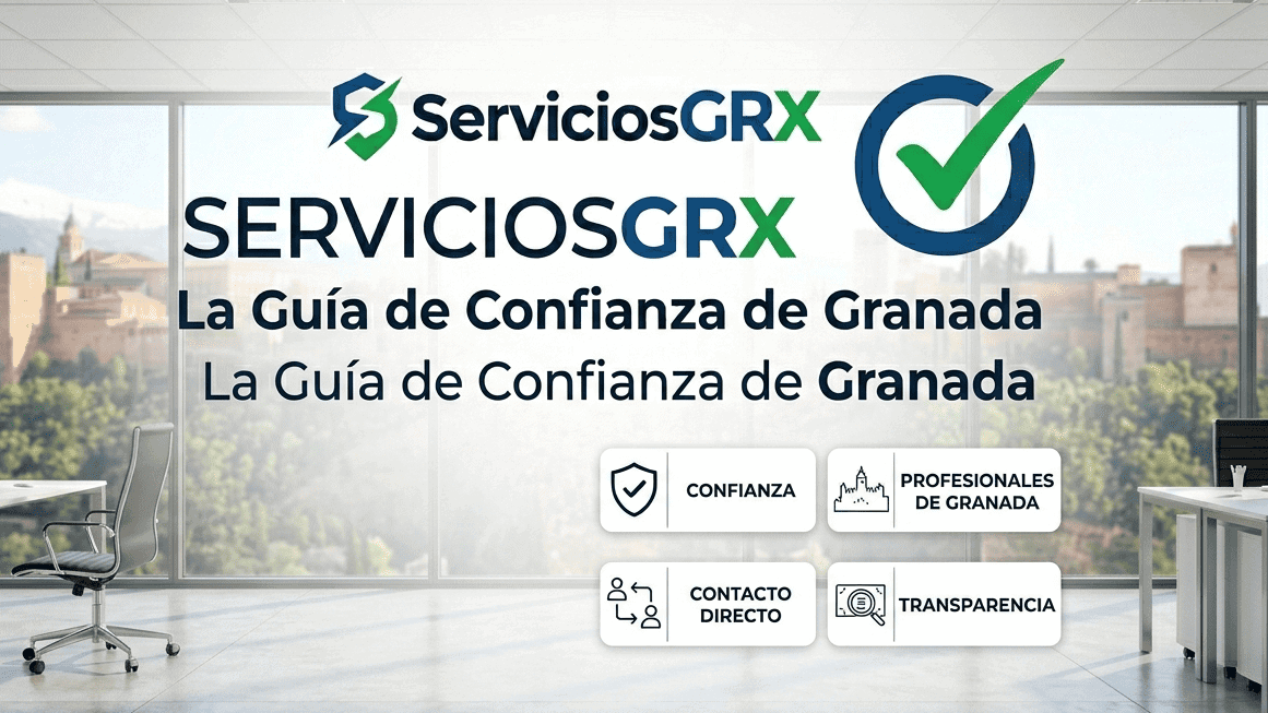 Office banner for ServiciosGRX with the slogan La Guía de Confianza de Granada and four rounded CTA buttons: Confianza, Profesionales de Granada, Contacto Directo, Transparencia.