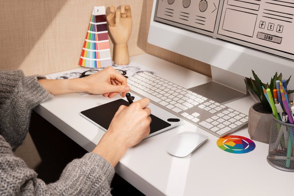 Designer uses a drawing tablet and stylus at a white desk, with color swatches, keyboard, and monitor displaying a wireframe layout.