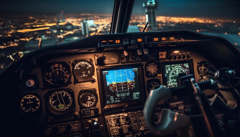 Nighttime cockpit view of a small aircraft with illuminated instruments and a city lights backdrop outside the windshield.