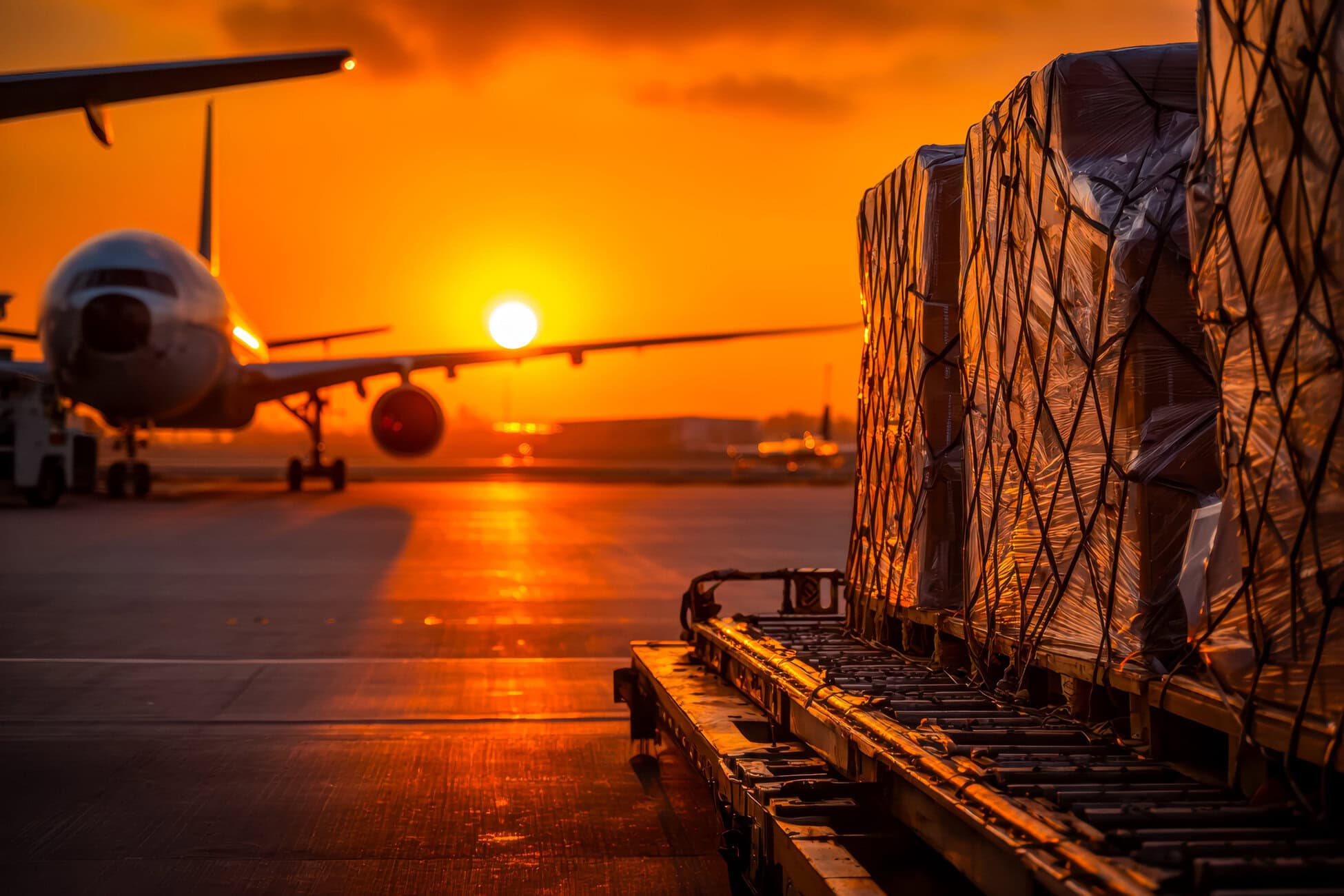 Palletized cargo wrapped in plastic on a tarmac at sunset, with an airplane in the background