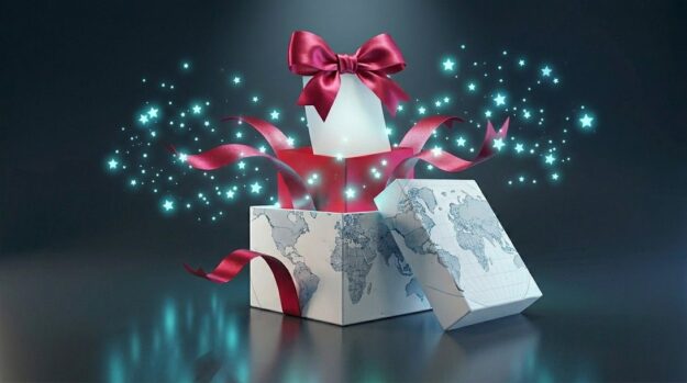 White gift box with red ribbon opens to release glowing blue stars and ribbons.