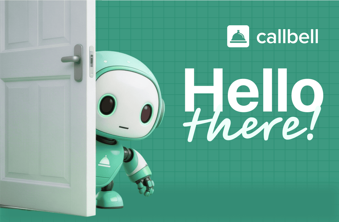 Friendly mint-green robot peeks from behind an open door next to a green 'Hello there!' banner and the Callbell logo.