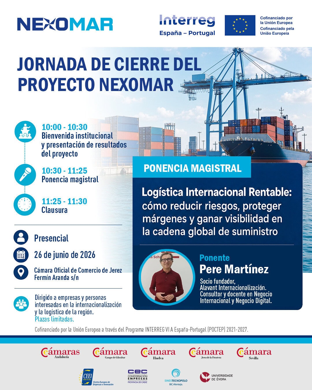 Poster for the Nexomar project closing event with schedule icons and speaker portrait, set against a port with containers and cranes; includes date, time and venue details in Spanish.