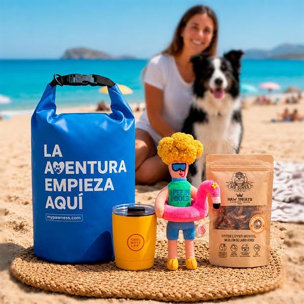 Blue tote bag with the text 'LA AVENTURA EMPIEZA AQUÍ' on a beach mat, surrounded by a yellow cup, a colorful plush toy, a pink flamingo float, a treat bag, with a woman and a dog in the background on the sandy beach.