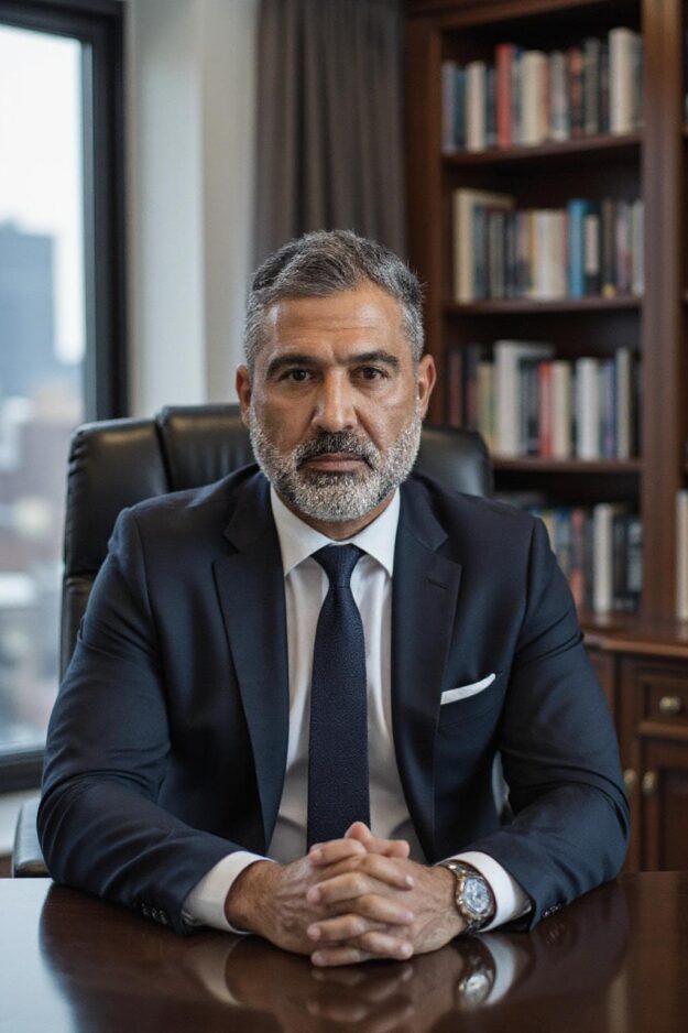 Professional man in a navy suit sits at a polished desk, hands folded, in an office with a bookshelf behind him.