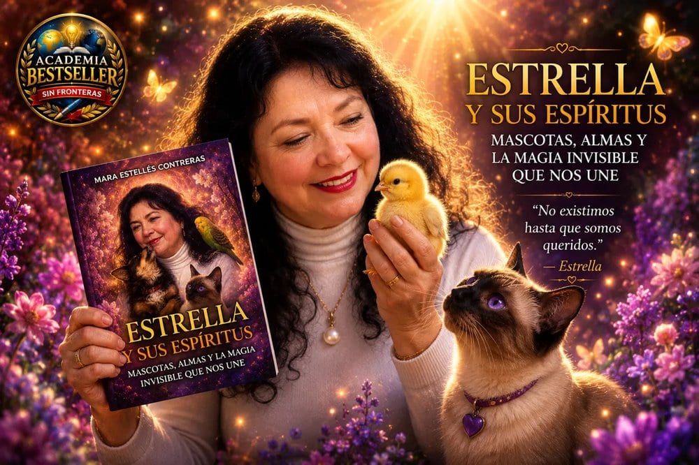 Promotional image for the book Estrella y Sus Espíritus showing the author with a parrot and a cat in a magical purple garden set.
