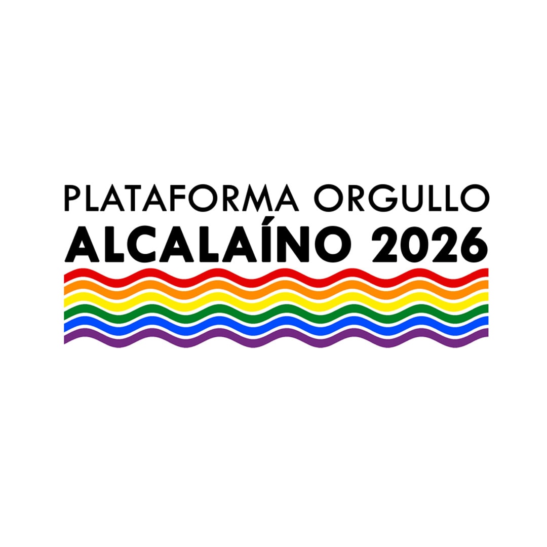 Logo for Plataforma Orgullo Alcalaño 2026 with rainbow wavy stripes beneath the text.