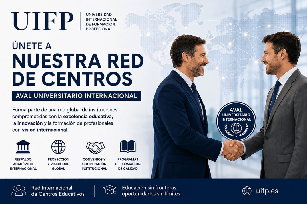 Banner publicitario en español para una red internacional de centros educativos: dos hombres de traje se estrechan la mano frente a un mapa mundial, con el texto de la campaña "Nuestra Red de Centros" y el logotipo UIFP/AVAL UNIVERSITARIO INTERNACIONAL.
