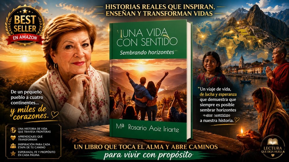 Portada promocional del libro 'Una vida con sentido'; mujer mayor a la izquierda, libro verde en el centro, fondo con atardecer, personas celebrando y paisaje mundial; insignia 'Best Seller' en Amazon.