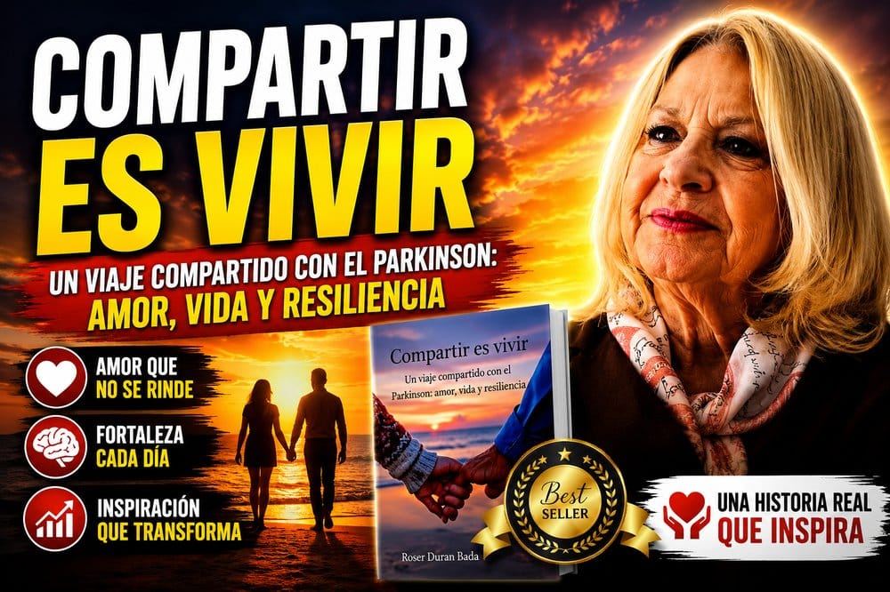 Promotional book cover: title 'Compartir es vivir', woman on the right, couple walking at sunset, book page visible and 'Best Seller' badge, Spanish tagline about love and resilience.