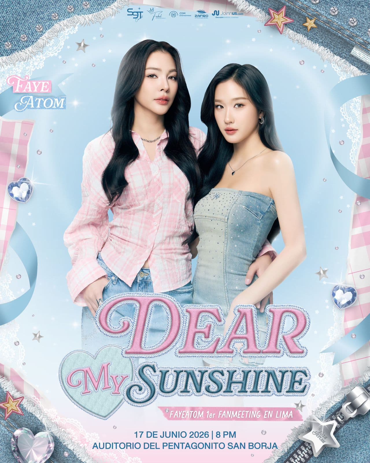 Two women posing together on a pastel blue poster for 'DEAR MY SUNSHINE' fan meeting, with decorative stars and hearts in the background.