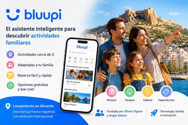 Publicidad de Bluupi: una familia mirando al horizonte junto a un teléfono con la app; lista de beneficios a la izquierda y iconos de museos, parques, talleres y espectáculos coloridos en la parte inferior.