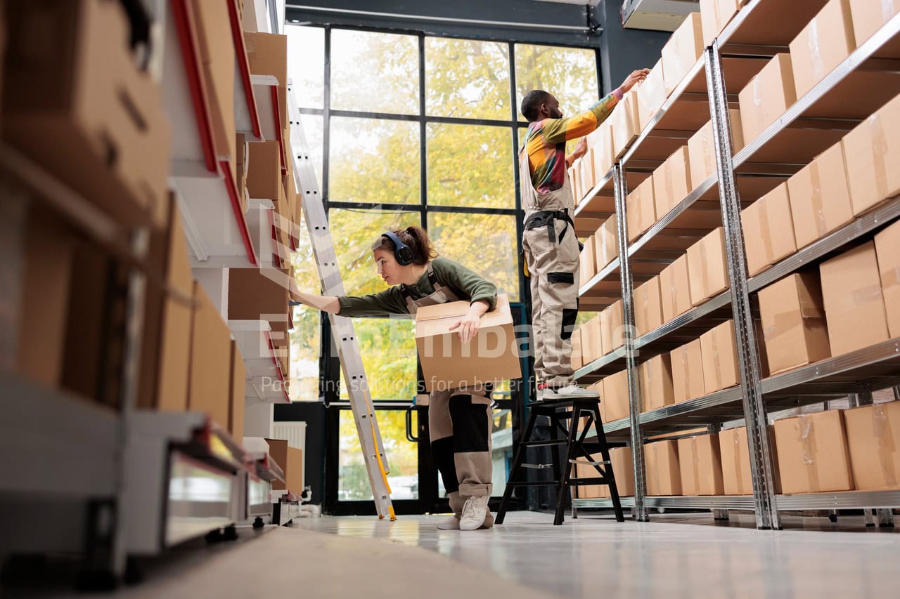 Two workers stocking cardboard boxes on tall warehouse shelves; one on a stepladder, the other on a stool nearby.