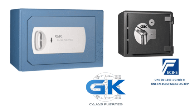 Collage showing a blue large safe and a smaller black safe with GK Cajas Fuertes branding and an ECB-S certification logo on the right.