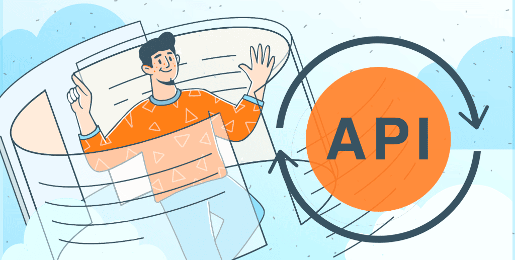 Illustration of a person waving from a tilted window toward a large orange circle labeled API with circular arrows around it.