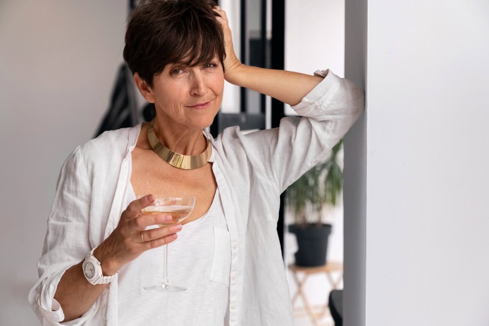Woman with short dark hair in a white shirt and gold collar necklace leans against a white pillar, holding a coupe glass of champagne and smiling.