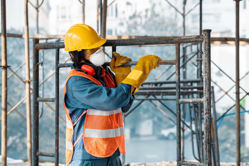 Construction worker in a yellow hard hat, high-visibility vest, gloves, and a mask adjusts a rusted scaffold beam on a construction site