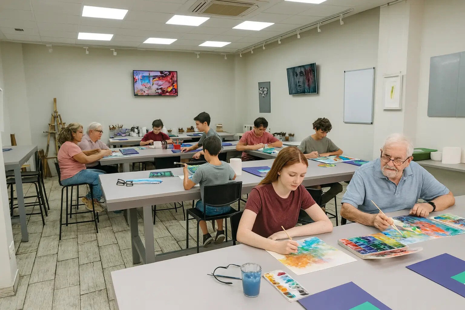 Group of people of various ages painting at long tables in a bright art classroom with watercolor palettes and brushes nearby.
