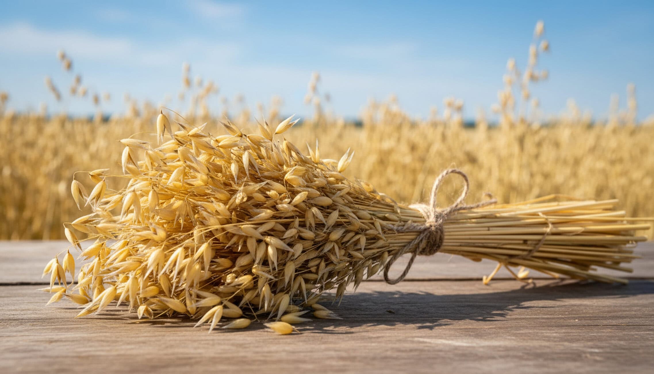 Bundle of golden oats tied with twine on a wooden table, with a blue sky and oat field in the background.