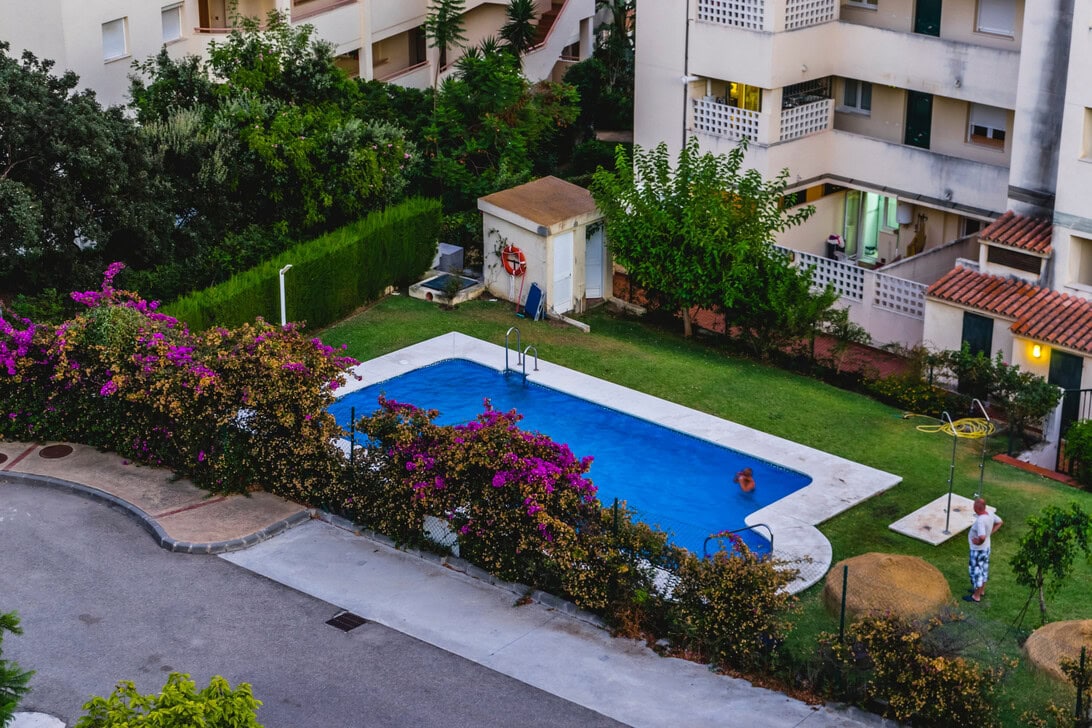 Residential pool area with blue rectangular pool, surrounded by flowering bushes and apartment buildings in the background.