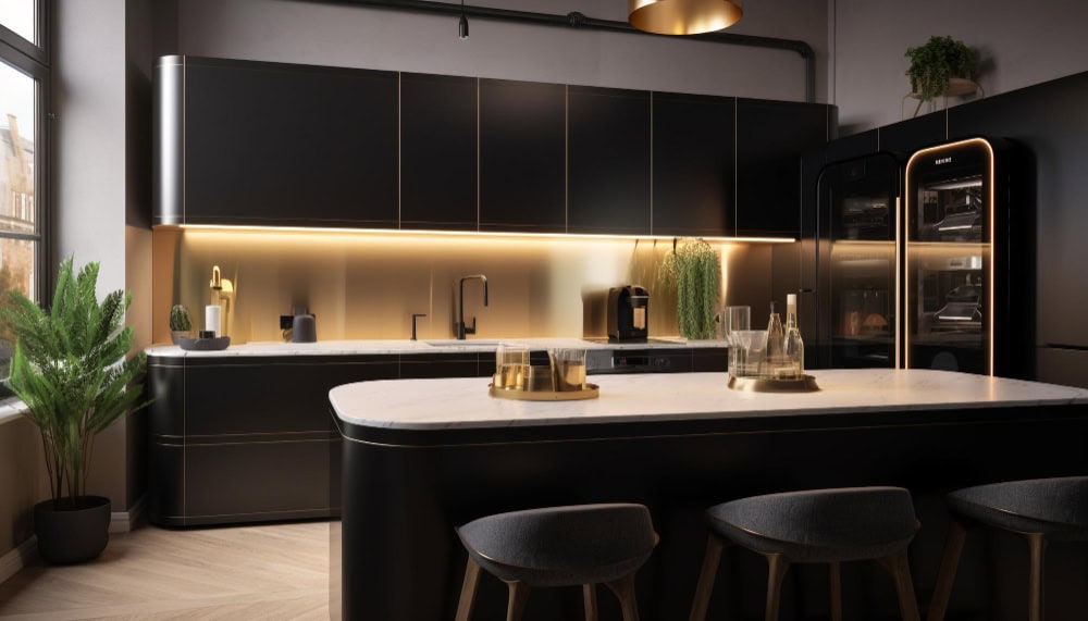 Modern black kitchen with marble island, gold accents, and bar stools.