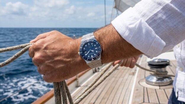 Man's wrist wearing a blue-bezel diver's watch while gripping sailing rope on a boat, ocean in the background.
