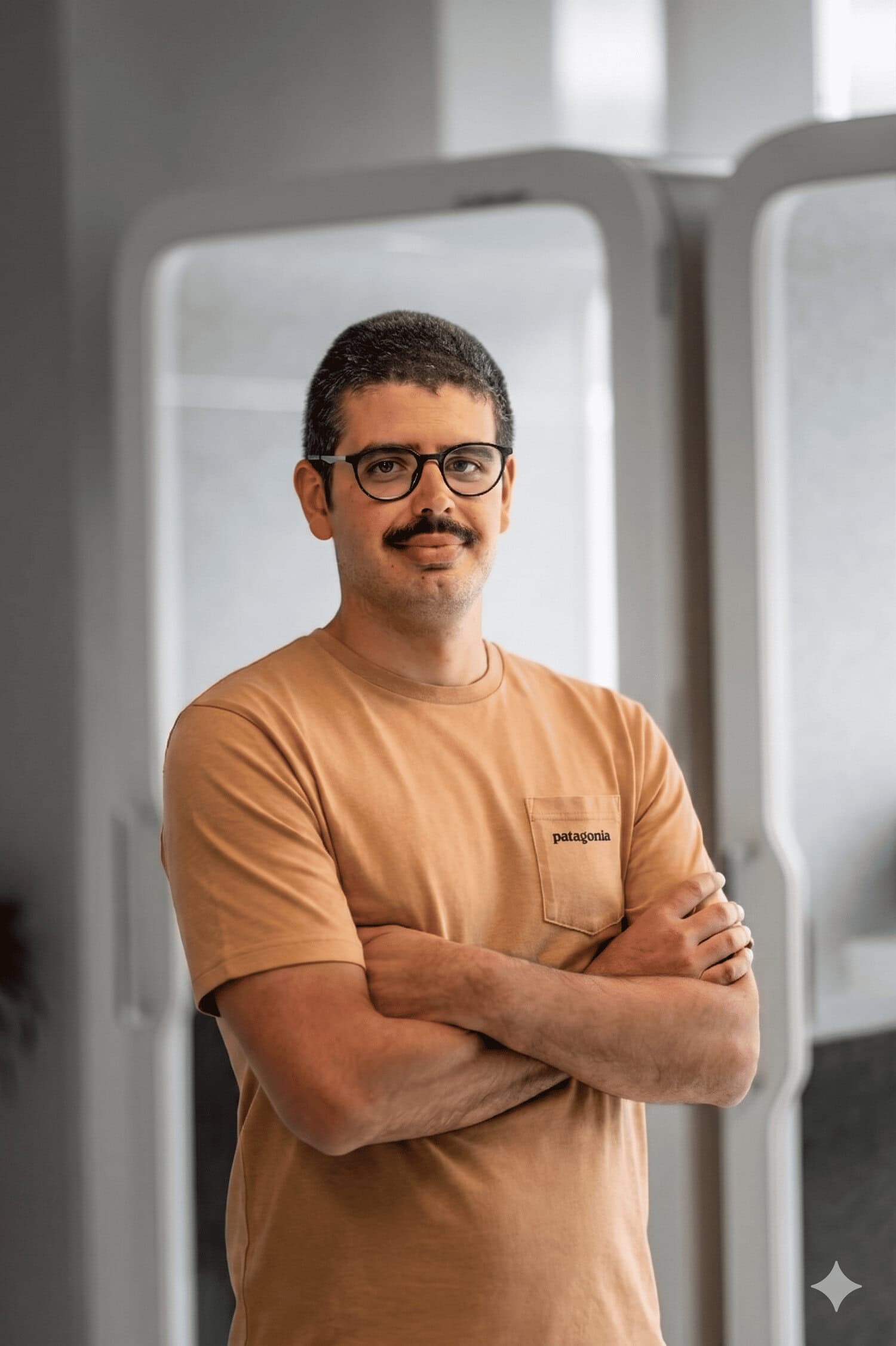 Man with short dark hair and glasses, wearing a tan Patagonia t-shirt, arms crossed in a modern indoor setting.