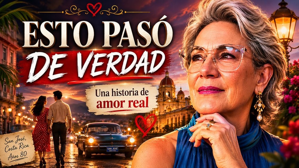 Poster for Esto pasó de verdad: an elegant older woman with glasses in the foreground, a sunset-lit street in Costa Rica with a couple walking toward a vintage car, and a subtitle about a real love story.
