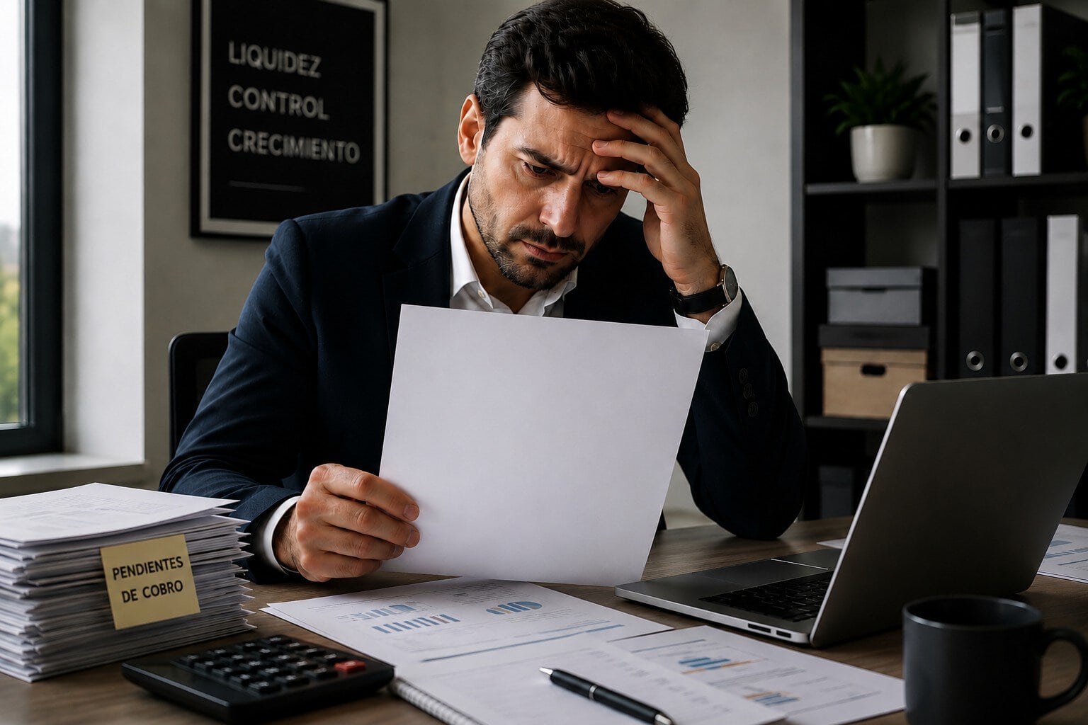 Stressed businessman in a dark suit sits at a desk, holding a document and touching his forehead in worry.ki
