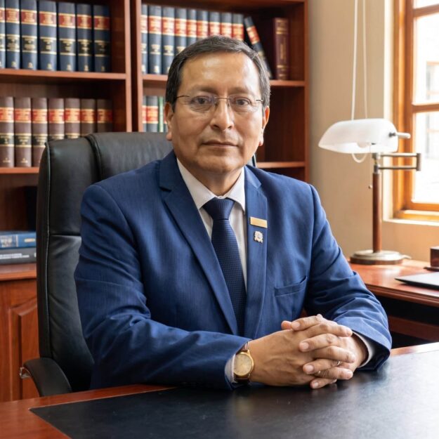 Man in a blue suit and tie sits at a desk in a wood-paneled office with law books on shelves behind him, hands folded.