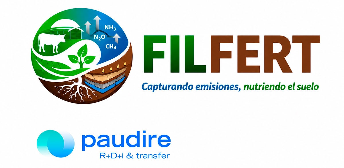Pair of logos: FILFERT (eco-themed circle with cow, plants, soil) with the slogan 'Capturando emisiones, nutriendo el suelo' and the Paudire logo beneath (blue gradient circles and 'R+D+i & transfer').