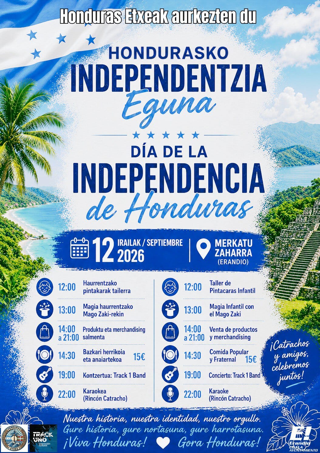 Promotional poster for Honduras Independence Day celebration (12 September 2026) at Merkatú Zaharra in Erandio, with schedule and activities icons.