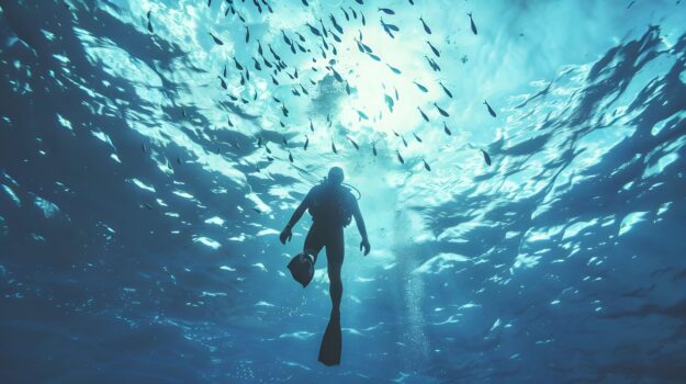 SCUBA diver swimming underwater, surrounded by a swarm of small fish in clear turquoise water.