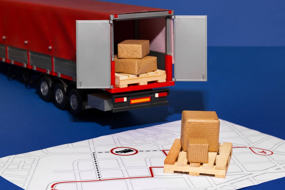 Model delivery truck with open rear doors showing stacked brown cardboard boxes on pallets inside the trailer, on a blue background next to a shipping map.