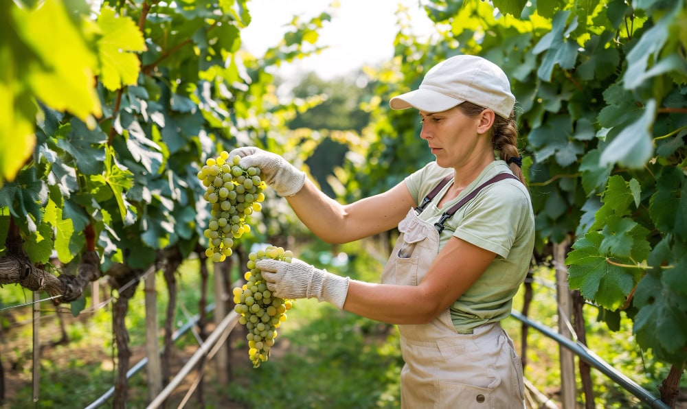 Female farmworker in a beige apron and white cap harvests green grapes in a sunlit vineyard.