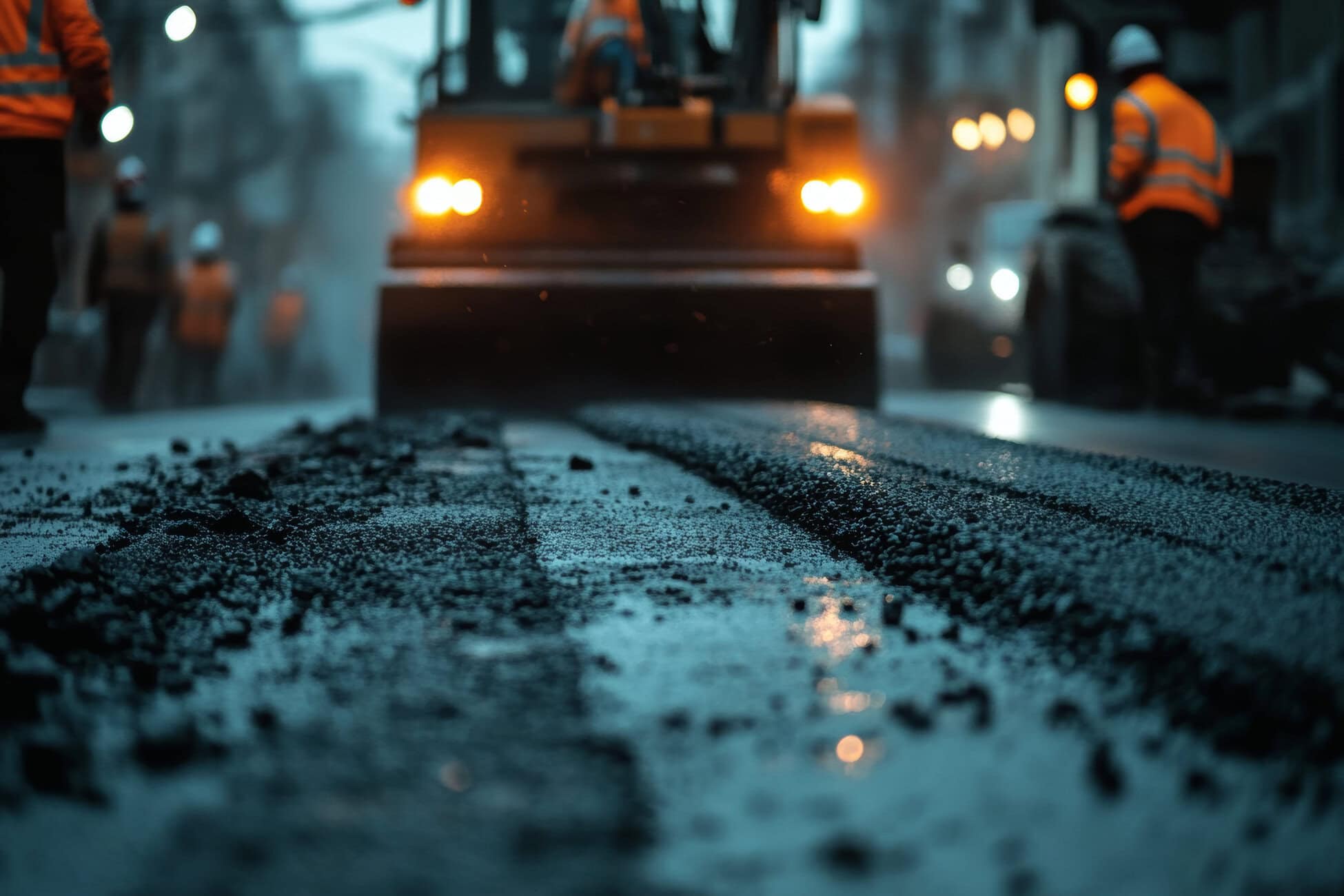 Road roller moving toward the camera at a nighttime construction site, with workers in orange safety vests in the blurred background.