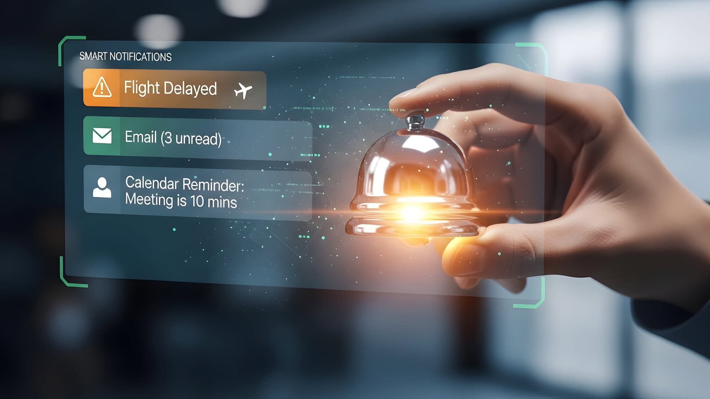 Overlay of smart notifications showing Flight Delayed, Email (3 unread), and Meeting reminder amid a hand holding a glass bell, signaling alerts in a futuristic UI.