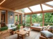 Sunroom with wood beams, stone walls, and large glass windows overlooking greenery; seating with cushions and plants.