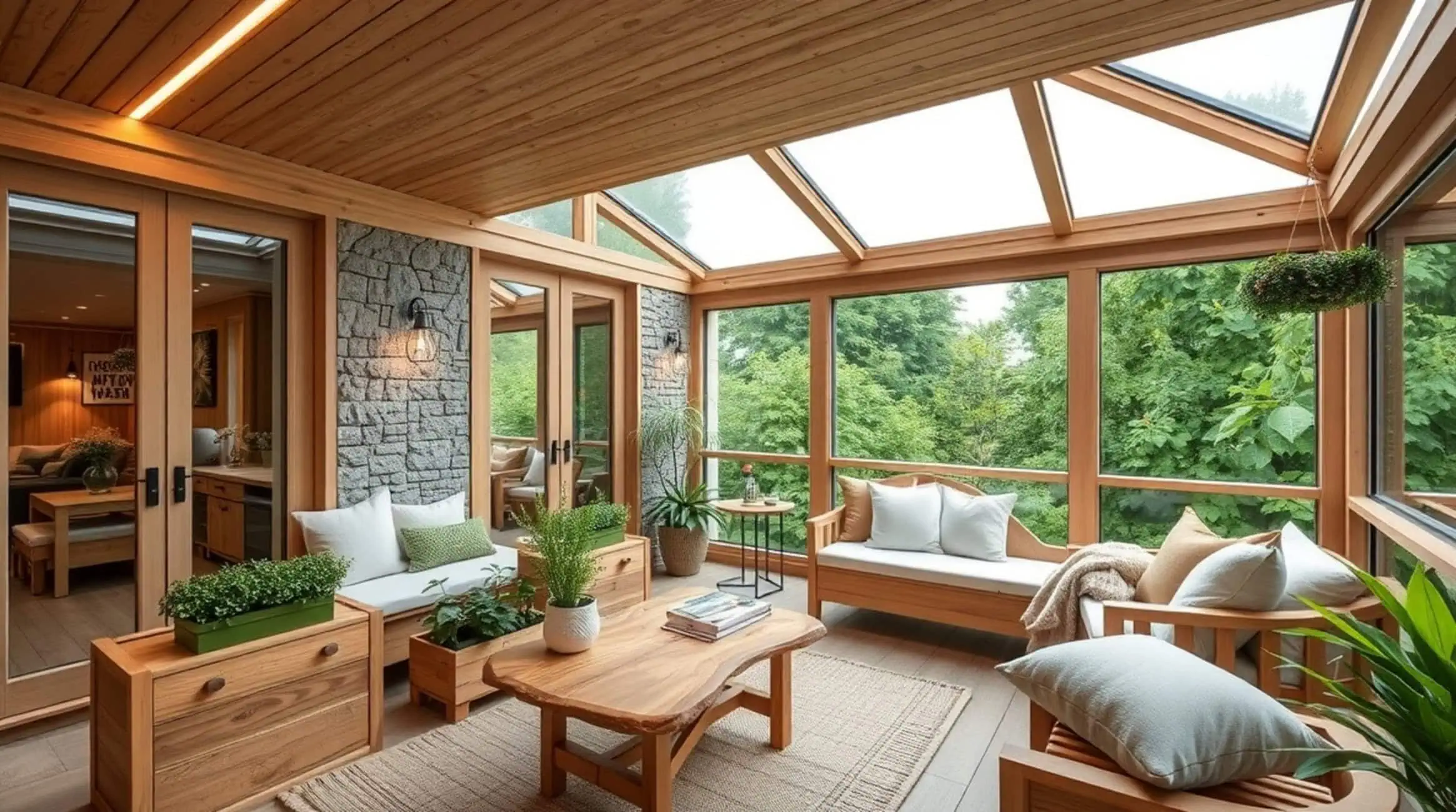 Sunroom with wood beams, stone walls, and large glass windows overlooking greenery; seating with cushions and plants.