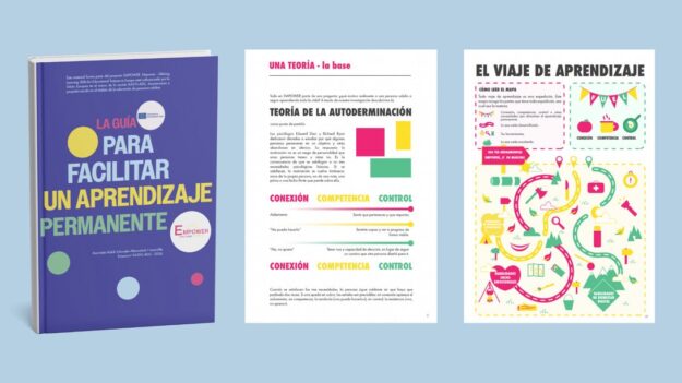 Purple book called 'La guía para facilitar un aprendizaje permanente' on a blue background, with two sample pages beside it.
