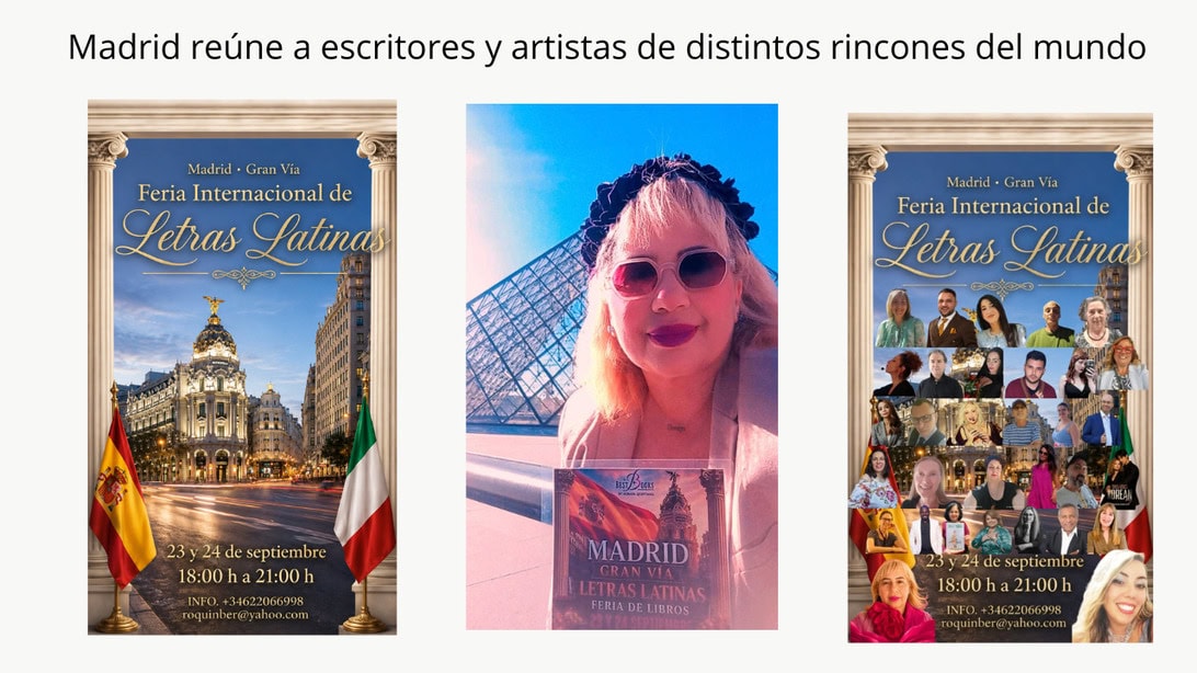 Triptych poster set advertising Madrid's Letras Latinas book fair: left and right posters with flags, center photo of a woman holding a Madrid Letras Latinas brochure/lantern poster.